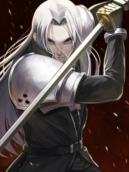 Rule 34 | 1boy, armor, commentary request, ebinomi, embers, fighting stance, final fantasy, final fantasy vii, gloves, green eyes, highres, holding, holding sword, holding weapon, katana, long hair, long sleeves, looking at viewer, male focus, masamune (ff7), parted bangs, sephiroth, shoulder armor, silver hair, slit pupils, solo, sword, upper body, weapon