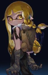 Rule 34 | 1girl, agent 3 (splatoon 3), backpack, bag, bandaged arm, bandages, black background, black pants, blonde hair, blue background, bottle, braid, braided sidelock, commentary request, crop top, gradient background, highres, inkling, inkling girl, inkling player character, long hair, nintendo, pants, parted lips, pointy ears, shirt, single braid, smallfry (splatoon), solo, splatoon (series), splatoon 3, tentacle hair, thick eyebrows, torn clothes, torn shirt, two-tone background, yellow eyes, yksb inc6
