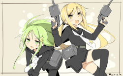 Rule 34 | 10s, 2girls, black legwear, blonde hair, blush, crescent, crescent hair ornament, dated, green eyes, green hair, gun, hair ornament, kantai collection, long hair, long sleeves, looking at viewer, low twintails, multiple girls, nagatsuki (kancolle), open mouth, satsuki (kancolle), skirt, thighhighs, twintails, wara (warapro), weapon, yellow eyes