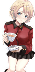 Rule 34 | 1girl, absurdres, bad id, bad pixiv id, bare legs, black skirt, blonde hair, blue eyes, braid, breasts, closed mouth, cowboy shot, cup, darjeeling (girls und panzer), french braid, girls und panzer, highres, holding, holding cup, jacket, ka1se1, large breasts, light smile, long sleeves, looking at viewer, miniskirt, pleated skirt, red jacket, short hair, simple background, skirt, solo, st. gloriana&#039;s military uniform, teacup, white background