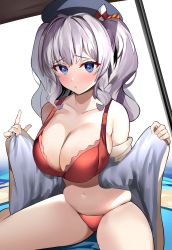 Rule 34 | 1girl, absurdres, bikini, blue eyes, bra, breasts, changing clothes, cleavage, enishi96, hat, highres, kantai collection, kashima (kancolle), large breasts, open clothes, panties, red bikini, red bra, red panties, robe, sitting, skindentation, swimsuit, thick thighs, thighs, thong, underwear, undressing, white hair, white robe