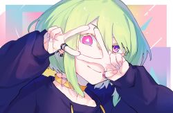 Rule 34 | 1boy, blonde hair, blush, gloves, green hair, heterochromia, jewelry, lio fotia, looking at viewer, male focus, moegi0926, promare, purple eyes, ring, short hair, simple background, smile, solo, sweater, v