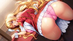 Rule 34 | 1girl, ass, bent over, blonde hair, blush, bra, breasts, clenched teeth, clothes lift, ego aruno, female focus, frills, from behind, game cg, indoors, large breasts, legs, long hair, looking at viewer, looking back, open clothes, original, oshare kyoushitsu, panties, play! play! play! lock!, red eyes, skirt, skirt lift, solo, teeth, thighhighs, thighs, underwear, wazakita, yuuki shin