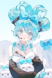 Rule 34 | &gt; &lt;, 1girl, :d, absurdres, bare shoulders, black sleeves, blue bow, blue eyes, blue hair, blue necktie, bow, brush, cinnamiku, cinnamoroll, closed eyes, collared shirt, commentary request, crossover, detached sleeves, ear bow, frilled shirt, frilled shirt collar, frills, hair bow, hatsune miku, highres, holding, holding brush, long sleeves, looking at viewer, necktie, open mouth, parted lips, pino ko, rabbit, sanrio, shirt, sidelocks, sleeveless, sleeveless shirt, smile, updo, upper body, vocaloid, white shirt, wide sleeves, xd