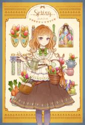 Rule 34 | 1girl, basket, belt, blush, brown hair, carrot, clogs, dress, easter egg, egg, feet out of frame, flower, flower basket, frilled shirt collar, frills, highres, holding, holding basket, holding watering can, long sleeves, looking at viewer, original, pantyhose, purple eyes, sleeve cuffs, smile, solo, striped clothes, striped pantyhose, test tube, tulip, vase, watering can, yunoto (conceit)