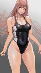 Rule 34 | 1girl, ass, bare shoulders, black one-piece swimsuit, breasts, cleavage, closed mouth, collarbone, competition swimsuit, covered navel, cowboy shot, curvy, gluteal fold, goddess of victory: nikke, gradient background, highleg, highleg swimsuit, highres, kyel hyde, large breasts, light blush, light brown hair, lips, long hair, official alternate costume, one-piece swimsuit, orange eyes, rapi (classic vacation) (nikke), rapi (nikke), solo, standing, swimsuit, thighs, two-tone swimsuit, unfinished, very long hair, white one-piece swimsuit, wide hips