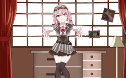 Rule 34 | 1girl, absurdres, ace taffy, achmad faisal, commission, cupboard, curtains, dress, fingers, goggles, goggles on head, hair ribbon, highres, indie virtual youtuber, kinirotofu, lamp, looking at viewer, photo (object), pink hair, ribbon, short hair, simple background, skirt, solo, thighhighs, thighs, twintails, virtual youtuber, wallpaper, window, yellow eyes