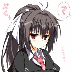 Rule 34 | ..., 1girl, :t, ?, antenna hair, asagi nanami, blush, brown hair, close-up, commentary request, hair between eyes, hair intakes, hair ribbon, highres, jitome, kawachino suzuna, long hair, looking to the side, necktie, open mouth, ponytail, pout, purple eyes, red necktie, ribbon, sakura no toki, school uniform, solo, spoken question mark, translated, v-shaped eyebrows, white ribbon