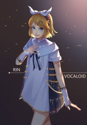 Rule 34 | 1girl, absurdres, ang (6107939), blonde hair, blue eyes, character name, copyright name, hair ribbon, highres, kagamine rin, legs, miku symphony (vocaloid), open mouth, ribbon, short hair, solo, swept bangs, tattoo, thighs, vocaloid, walking