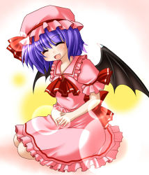 Rule 34 | 1girl, bat wings, blue hair, chitose (pixiv), closed eyes, fangs, female focus, hat, kagura chitose, pregnant, remilia scarlet, short hair, smile, solo, touhou, wings