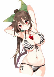 Rule 34 | 1girl, armpits, arms behind head, arms up, bare arms, bare shoulders, bikini, bow, breasts, brown hair, cleavage, closed mouth, cropped legs, front-tie bikini top, front-tie top, green bow, hair between eyes, hair bow, halterneck, head tilt, highres, large breasts, long hair, looking at viewer, navel, ponytail, red eyes, reiuji utsuho, side-tie bikini bottom, simple background, smile, solo, stomach, string bikini, striped bikini, striped clothes, swimsuit, tetsurou (fe+), third eye, touhou, white background