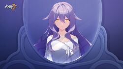 Rule 34 | 1girl, closed mouth, copyright name, crosshair pupils, hair between eyes, highres, honkai (series), honkai impact 3rd, hospital gown, logo, long hair, looking at mirror, mirror, official art, purple hair, reflection, sad, second-party source, sidelocks, sirin, solo, symbol-shaped pupils, upper body, yellow eyes