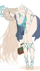 Rule 34 | 1girl, asuna (blue archive), bag, blonde hair, blue archive, blue eyes, blue halo, breasts, cleavage, collarbone, halo, highres, large breasts, leaning to the side, legs together, long hair, navel, pale skin, sandals, sarong, solo, swimsuit, white background, yatsuka (846)
