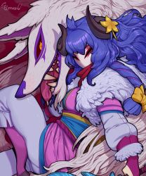 Rule 34 | 1girl, alternate costume, alternate hair color, alternate hairstyle, blue hair, body fur, curled horns, flower, fur (clothing), goat legs, hair between eyes, hair flower, hair ornament, highres, horns, japanese clothes, kindred (league of legends), lamb (league of legends), league of legends, long hair, mask, official alternate costume, official alternate hairstyle, sparrowl, spirit, spirit blossom kindred, teeth, tongue, tongue out, white fur, wolf, wolf (league of legends), yellow eyes