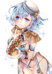Rule 34 | 1girl, bad id, bad pixiv id, blue eyes, blue hair, epaulettes, food, girls symphony, gloves, hat, hot dog, looking at viewer, midriff, smile, solo, standing, uehara (higanbachi), white gloves
