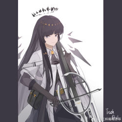 Rule 34 | 1girl, arknights, artist name, ascot, belt, belt buckle, belt pouch, black ascot, black belt, black bustier, black gloves, black hair, black halo, black pouch, black skirt, blunt bangs, bow (music), broken halo, buckle, bustier, buttons, cello, chinese commentary, chinese text, closed mouth, collared jacket, colored inner hair, commentary request, cowboy shot, dark halo, detached wings, dress shirt, energy wings, from side, gloves, grey eyes, grey hair, grey shirt, grey wings, halo, hand up, highres, hime cut, holding, holding bow (music), holding instrument, holding violin, instrument, jacket, layered sleeves, light smile, long hair, long sleeves, looking at viewer, mole, mole under eye, multicolored hair, music, pale skin, pillarboxed, playing, playing instrument, pouch, shadow, shirt, short over long sleeves, short sleeved jacket, short sleeves, sidelocks, sideways glance, signature, simple background, skirt, solo, standing, straight hair, two-tone hair, very long hair, violin, virtuosa (arknights), watermark, weibo 6173775083, weibo logo, weibo username, white background, white belt, white jacket, wide sleeves, wing collar, wings, yellow pupils