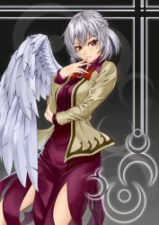 Rule 34 | 1girl, bow, bowtie, brooch, closed mouth, cowboy shot, dress, eyelashes, feathered wings, grey hair, grey jacket, hair between eyes, highres, jacket, jewelry, kashiwagi (pixiv35005989), kishin sagume, long sleeves, looking at viewer, open clothes, open jacket, parted lips, purple dress, red bow, red bowtie, red eyes, short hair, single wing, solo, touhou, white hair, white wings, wings