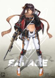Rule 34 | 1girl, bipod, black hair, earpiece, girls&#039; frontline, gun, hand on own chest, highres, holding, holding gun, holding weapon, kinkaikii, long hair, looking at viewer, midriff, navel, one eye covered, original, ponytail, rifle, scarf, scope, simple background, sniper rifle, solo, very long hair, weapon