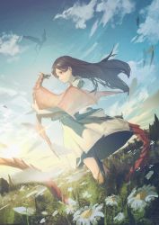 Rule 34 | 1girl, absurdres, animal, black eyes, black hair, cloud, commentary, day, dragon, dress, flower, from side, grass, highres, holding, holding animal, long hair, meadow, neg (101neg), original, outdoors, parted lips, sky, solo, spread wings, standing, white dress, white flower