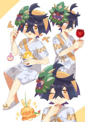 Rule 34 | 1boy, ahoge, alternate color, arm at side, artist request, backpack, bag, black hair, blush, candy, candy apple, child, clenched hands, clenched teeth, colored inner hair, creatures (company), crossed bangs, dipplin, drooling, eyebrows hidden by hair, facing to the side, facing viewer, feet, finger to mouth, fingernails, food, full body, game freak, gen 1 pokemon, gen 9 pokemon, geta, hair between eyes, hair ornament, hairband, hand up, hands up, happy, heel up, highres, holding, holding candy, holding food, invisible chair, japanese clothes, japanese text, jinbei (clothes), kieran (pokemon), legs, looking at food, looking at viewer, male focus, mask, mask on head, medium hair, mole, mole on neck, multicolored hair, multiple views, neck, nintendo, official alternate costume, ogerpon, one eye closed, parted lips, pokemon, pokemon (creature), pokemon sv, purple hair, sandals, shaved ice, shiny pokemon, short sleeves, shorts, side slit, side slit shorts, sidelocks, sitting, size difference, slowpoke, smile, standing, star-shaped pupils, star (symbol), symbol-shaped pupils, teeth, thighs, toenails, toes, tongue, tongue out, traditional clothes, two-tone background, two-tone hair, upper body, water yoyo, wide sleeves, wink, yellow bag, yellow eyes, yellow hairband