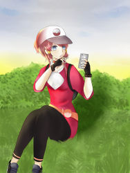 Rule 34 | 1girl, belt, blue eyes, breasts, cellphone, cosplay, creatures (company), female protagonist (pokemon go), female protagonist (pokemon go) (cosplay), fingerless gloves, game freak, gloves, hat, highres, nintendo, pants, parted lips, phone, pokemon, pokemon go, ponytail, red hair, rose (tales), shoes, short hair, sitting, small breasts, solo, tales of (series), tales of zestiria