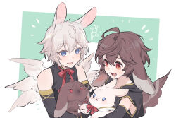 Rule 34 | 2boys, :d, aged down, ahoge, animal, animal ears, bishounen, blue eyes, brown hair, brown wings, colored eyelashes, commentary, cowboy shot, elbow gloves, fang, feathered wings, gloves, granblue fantasy, green background, hair between eyes, highres, holding, holding animal, holding rabbit, hood, kemonomimi mode, lower teeth only, lucifer (shingeki no bahamut), male focus, messy hair, multicolored background, multiple boys, open mouth, rabbit, rabbit ears, red eyes, red ribbon, ribbon, sandalphon (granblue fantasy), shirt, short hair, sleeveless, sleeveless shirt, smile, teeth, tekki (tki), upper body, white hair, white wings, wings