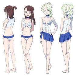 Rule 34 | 2girls, ass, bare legs, barefoot, blonde hair, blue eyes, blush, breasts, brown eyes, brown hair, diana cavendish, groin, hand on own hip, kagari atsuko, little witch academia, midriff, multiple girls, multiple views, navel, satochi, simple background, skirt, small breasts, smile, standing, swimsuit, teeth, upper teeth only, white background
