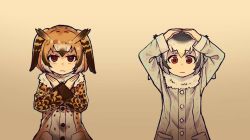 Rule 34 | 10s, 2girls, :|, black hair, blonde hair, buttons, closed mouth, coat, empty eyes, eurasian eagle owl (kemono friends), eyebrows, facing viewer, fur collar, gradient background, grey coat, hair between eyes, hands on own head, kemono friends, long sleeves, looking at viewer, multicolored coat, multicolored hair, multiple girls, northern white-faced owl (kemono friends), orange eyes, orange hair, ouka (yama), pocket, short hair, sleeve cuffs, upper body, white hair, x arms
