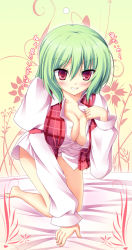 Rule 34 | 1girl, barefoot, bed sheet, bent over, blush, bottomless, breasts, cleavage, female focus, gokireddo, green hair, grin, highres, kazami yuuka, large breasts, open clothes, open shirt, plaid, plaid vest, red eyes, shirt, short hair, smile, solo, touhou, translated, undressing, vest