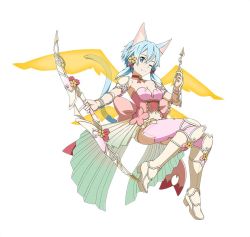 Rule 34 | 10s, 1girl, ;), animal ears, arrow (projectile), blue eyes, blue hair, bow, bow (weapon), breasts, cat ears, cat tail, choker, cleavage, flower, full body, hair bow, hair flower, hair ornament, hair ribbon, holding, holding arrow, holding weapon, looking at viewer, medium breasts, midriff, navel, one eye closed, pink thighhighs, red ribbon, ribbon, ribbon choker, short hair with long locks, short shorts, shorts, sidelocks, simple background, sinon, sinon (sao-alo), smile, solo, stomach, sword art online, tail, thighhighs, transparent, transparent wings, weapon, white background, white shorts, wings, yellow flower