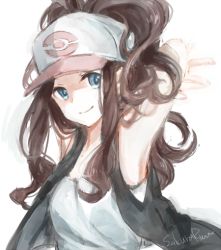Rule 34 | 10s, 1girl, arms behind head, arms up, bad id, bad pixiv id, baseball cap, blue eyes, brown hair, creatures (company), game freak, hat, high ponytail, hilda (pokemon), long hair, looking at viewer, naru (andante), nintendo, pokemon, pokemon bw, signature, smile, solo, vest, white background