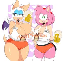 Rule 34 | 2girls, alcohol, amy rose, asymmetrical docking, beer, blush, breast press, breasts, bursting breasts, cleavage, collaboration, furry, green eyes, hooters, huge breasts, jinu (jinusenpai), large breasts, looking at viewer, multiple girls, pink hair, rouge the bat, sega, short hair, sideboob, smile, sonic (series), sonic forces, tail, wings