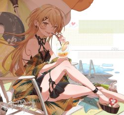 Rule 34 | 1girl, :p, bikini, black bikini, brown eyes, cocktail, commission, cup, drinking glass, girls&#039; frontline, highres, light brown hair, long hair, official alternate costume, platform clogs, platform footwear, pool, ppk (foliage romance) (girls&#039; frontline), ppk (girls&#039; frontline), rabb horn, simple background, skeb commission, solo, sweat, swimsuit, tongue, tongue out, very long hair