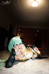 Rule 34 | 1girl, asian, breasts, cleavage, cosplay, emerald sustrai, green hair, highres, lacee-girl, photo (medium), real life, red eyes, rwby