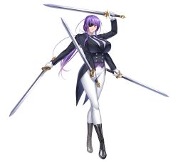 Rule 34 | 1girl, boots, breasts, curvy, extra arms, eyepatch, female focus, gloves, highres, holding, holding sword, holding weapon, kagami hirotaka, large breasts, lilith-soft, lips, long hair, low ponytail, navel, official art, onmyou kishi towako, pants, purple hair, shiki reika, shiny skin, simple background, smile, solo, sword, taimanin (series), taimanin rpgx, weapon, white background, wide hips