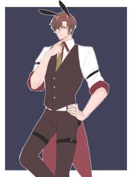 Rule 34 | 1boy, animal ears, artem wing (tears of themis), blue background, blue eyes, border, brown hair, brown necktie, brown pants, brown vest, closed mouth, collared shirt, coto notte, fake animal ears, formal, hand on own hip, headband, highres, necktie, pants, rabbit ears, shirt, short hair, sleeves rolled up, solo, tears of themis, vest, white border, white shirt