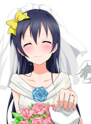 Rule 34 | 10s, 1girl, absurdres, black hair, blue hair, blush, bouquet, bow, dress, closed eyes, flower, frolaytia, gloves, hair ribbon, happy, happy tears, highres, jewelry, lipstick, long hair, love live!, love live! school idol project, makeup, nail polish, ornate ring, ribbon, ring, rose, smile, solo focus, sonoda umi, tears, veil, wedding, wedding dress, wedding ring