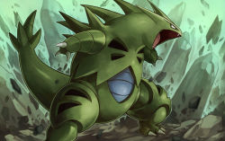Rule 34 | bolt0002, creatures (company), game freak, gen 2 pokemon, looking to the side, nintendo, no humans, open mouth, pokemon, pokemon (creature), sharp teeth, simple background, solo, stone, stone floor, tail, teeth, tyranitar