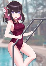 Rule 34 | 1girl, alternate costume, azki (hololive), black hair, blurry, blurry background, breasts, collarbone, commentary request, competition swimsuit, covered navel, cowboy shot, highres, hololive, large breasts, looking at viewer, multicolored hair, one-piece swimsuit, pink hair, pool ladder, purple eyes, purple one-piece swimsuit, ranobe-senka, short hair, smile, solo, swimsuit, two-tone hair, virtual youtuber