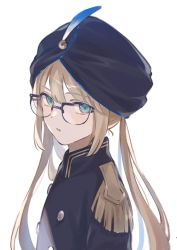 Rule 34 | 1boy, aqua eyes, blonde hair, captain nemo (fate), epaulettes, fate/grand order, fate (series), feathers, glasses, highres, long hair, male focus, mmgmde, nemo (fate), turban, twintails, white background