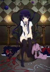 Rule 34 | 10s, 1girl, absurdres, adjusting clothes, adjusting legwear, armchair, beads, black hair, black thighhighs, blunt bangs, blush, bow, bow bra, bra, buttons, candle, chair, dress, unworn dress, dressing, feet, flat chest, flower, frilled dress, frills, gothic lolita, hair flowing over, hair in own mouth, hair spread out, hat, hat flower, unworn hat, hat ribbon, unworn headwear, high heels, highres, iizuka haruko, inu x boku ss, jewelry, leg up, lingerie, lolita fashion, long hair, looking at viewer, megami magazine, mouth hold, neck ribbon, no pants, no shoes, official art, open clothes, open shirt, panties, puffy short sleeves, puffy sleeves, purple eyes, ribbon, ribbon in mouth, ring, shirakiin ririchiyo, shirt, shoes, unworn shoes, short sleeves, side-tie panties, sitting, solo, stuffed animal, stuffed rabbit, stuffed toy, thighhighs, top hat, unbuttoned, underwear, untied, very long hair, white bra, white panties, white shirt