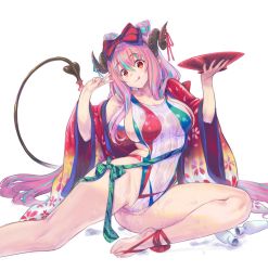 Rule 34 | 1girl, alcohol, blue hair, breasts, commentary request, cup, demon girl, demon horns, demon tail, floral print, gradient kimono, highleg, highleg swimsuit, highres, horns, japanese clothes, kimono, kiyama satoshi, large breasts, long hair, looking at viewer, multicolored clothes, multicolored hair, multicolored swimsuit, nakajima pepero, one-piece swimsuit, original, pink hair, pointy ears, red eyes, red kimono, red ribbon, ribbed swimsuit, ribbon, sakazuki, sake, saucer, sideboob, simple background, sitting, solo, spill, streaked hair, swimsuit, tail, tokkuri, v, virtual youtuber, wet, wet clothes, wet swimsuit, white background, white one-piece swimsuit, yokozuwari