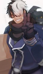 Rule 34 | 1boy, another eidos-r, bandaid, bandaid on cheek, bandaid on face, black gloves, black scarf, blue jacket, box, closed eyes, crow (siranui), glasses, gloves, highres, holding, holding box, jacket, male focus, multicolored hair, scarf, short hair, smile, solo, teeth, thorkell (another eidos), two-tone hair, upper body, v