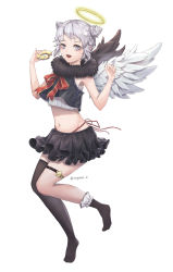 Rule 34 | 1girl, :d, absurdres, arms up, artist name, asymmetrical legwear, bad id, bad pixiv id, black collar, black shirt, black skirt, black wings, collar, commentary, crop top, double bun, doughnut, feathered wings, food, food bite, frilled socks, frills, full body, fur collar, grey eyes, grey hair, hair bun, halo, highres, jacket, looking at viewer, mismatched legwear, navel, neck ribbon, open clothes, open jacket, open mouth, original, panties, panty straps, pleated skirt, red panties, red ribbon, ribbon, shirt, single sock, single thighhigh, skirt, smile, socks, solo, soyubee, star (symbol), stomach, thigh strap, thighhighs, twitter username, underwear, white wing, wings