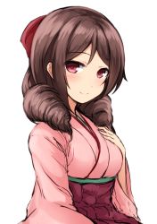 Rule 34 | 10s, 1girl, bow, breasts, brown hair, don (29219), drill hair, hair bow, hakama, hakama skirt, hand on own chest, harukaze (kancolle), japanese clothes, kantai collection, kimono, long hair, long sleeves, looking at viewer, medium breasts, meiji schoolgirl uniform, pink kimono, red bow, red eyes, red hakama, simple background, skirt, smile, solo, twin drills, white background, wide sleeves