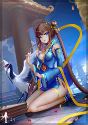Rule 34 | 1girl, bird, blue eyes, breasts, brown hair, china dress, chinese clothes, cleavage, detached sleeves, dress, highres, kneeling, long hair, looking at viewer, solo, thighlet, twintails, wangchuan de quanyan