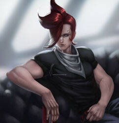 Rule 34 | 1boy, absurdres, asymmetrical bangs, black shirt, closed mouth, curly eyebrows, curly hair, grey scarf, hair over one eye, highres, hlulani, looking to the side, male focus, one piece, realistic, red hair, scarf, shirt, short hair, short sleeves, signature, sitting, solo, spiked hair, veins, vinsmoke ichiji, watermark, web address