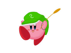 Rule 34 | :d, backpack, bag, blue eyes, blush, crossover, female focus, flat cap, fusion, green hat, hat, kawashiro nitori, kirby, kirby (series), looking at viewer, nintendo, no humans, open mouth, parody, randoseru, simple background, smile, solo, touhou, white background