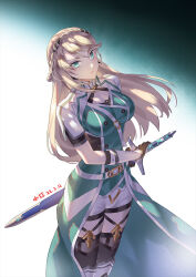 Rule 34 | 1girl, arm guards, belt, belt buckle, black gloves, black thighhighs, blonde hair, boots, braid, breasts, buckle, cape, cleavage, closed mouth, criss-cross halter, crown braid, dated, elaine auclair, elbow gloves, gloves, gradient background, green cape, green eyes, green shirt, halterneck, hand on weapon, highres, holding, holding sword, holding weapon, kuro no kiseki, kuro no kiseki ii, large breasts, leg armor, long hair, looking at viewer, multiple straps, serious, sheath, sheathed, shirt, short shorts, shorts, shrug (clothing), shui qian he kafei, signature, simple background, sleeveless, sleeveless shirt, swept bangs, sword, thigh boots, thighhighs, thighhighs under boots, weapon, white belt, white shorts