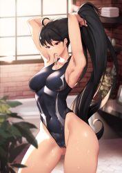 Rule 34 | 1girl, absurdres, ahoge, arms up, bare arms, bare shoulders, bathtub, black hair, black one-piece swimsuit, blurry, breasts, brick wall, bunching hair, cameltoe, choi hwa-ryeong, commission, competition swimsuit, contrapposto, covered navel, cowboy shot, daydream (zhdkffk21), depth of field, gluteal fold, groin, hair tie in mouth, highleg, highleg swimsuit, highres, holding, holding hair, impossible clothes, impossible swimsuit, indoors, long hair, looking down, medium breasts, mouth hold, one-piece swimsuit, original, plant, ponytail, purple eyes, ribbon, solo, standing, swimsuit, thighs, tying hair, very long hair, wet, white ribbon, window